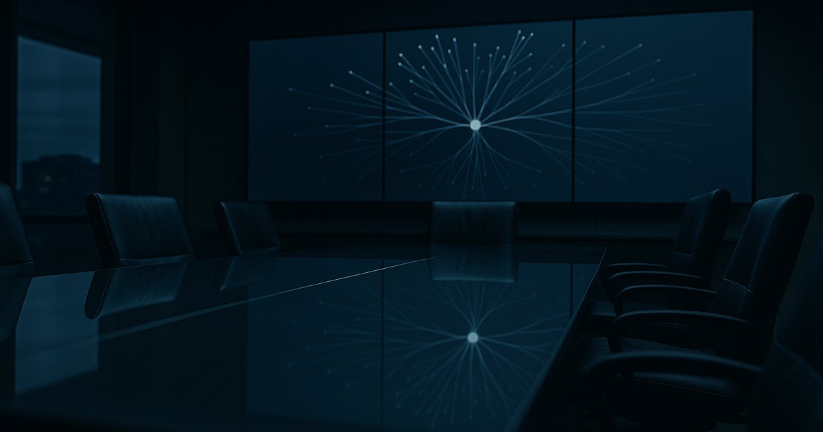 A darkened executive operations room with a wall display showing a delegation graph branching outward from a single root node