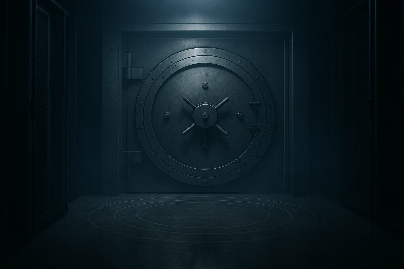 A massive steel vault blast-door sealing a data-center corridor — the contained blast radius of an autonomous AI agent
