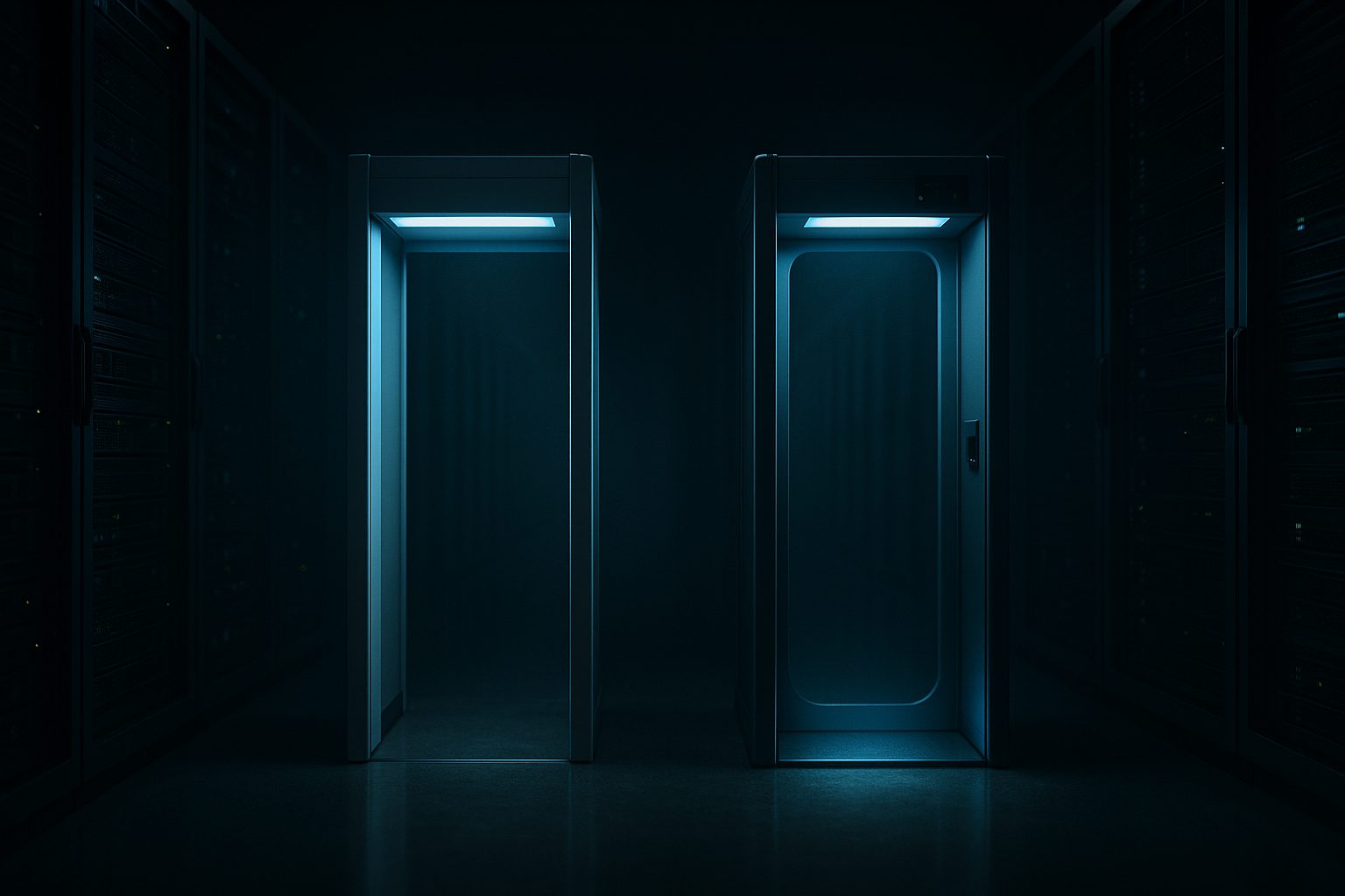 Two illuminated governance checkpoints side by side in a data-center aisle — two categories of AI agent governance
