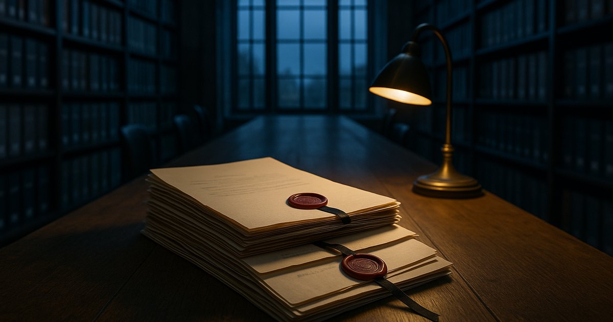 An archive reading room at dusk: a stack of parchment documents on a long oak table, closed with red wax seals and black ribbons, lit by a brass reading lamp beside tall windows