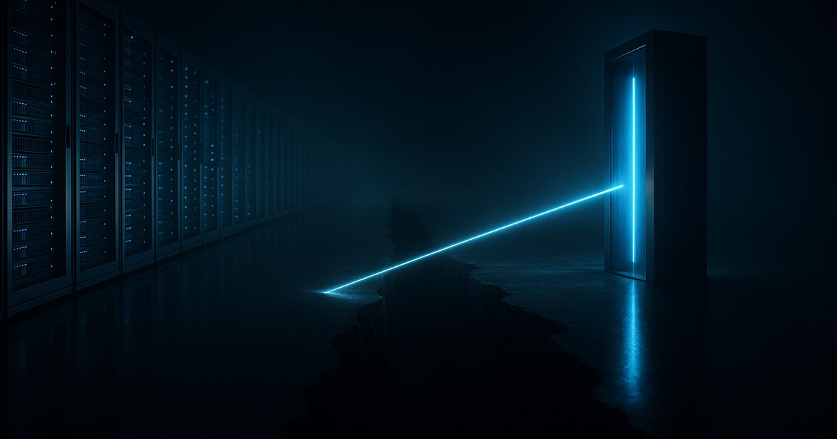 A single beam of light bridging a dark gap between server racks and a lone illuminated governance gateway, illustrating the AI governance execution gap