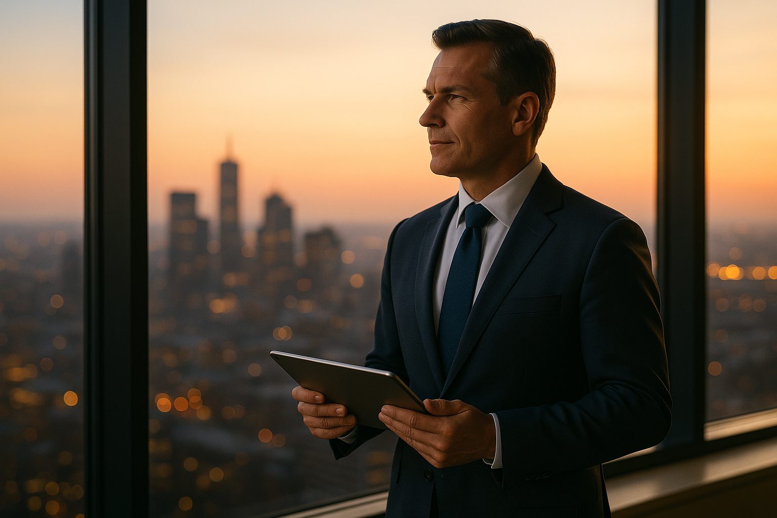 A confident executive overlooking a city skyline at dawn — AI governance as a competitive advantage