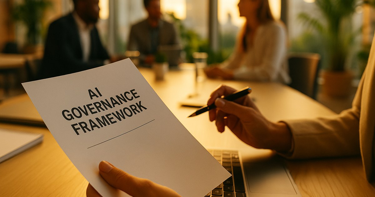 AI governance framework blueprint — six components from principles and policies through roles, controls, evidence, and lifecycle