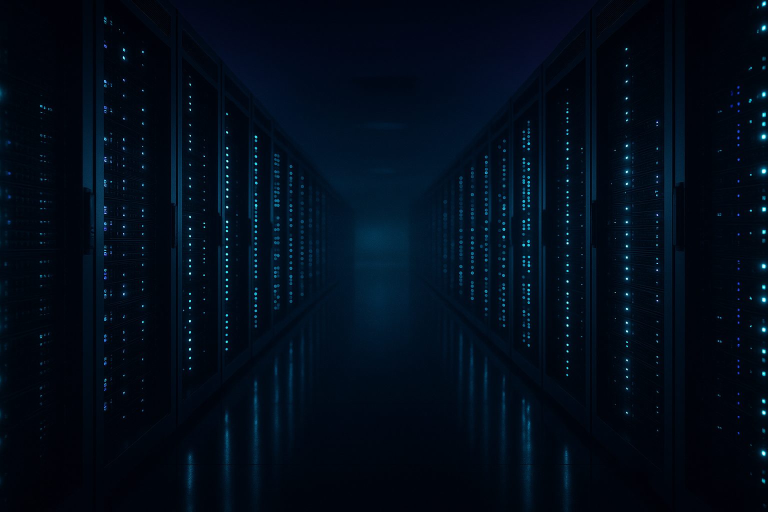 A long aisle inside a modern enterprise data center — rows of dark server racks with cool-blue status lights receding into haze, evoking ordered, audited, provable infrastructure