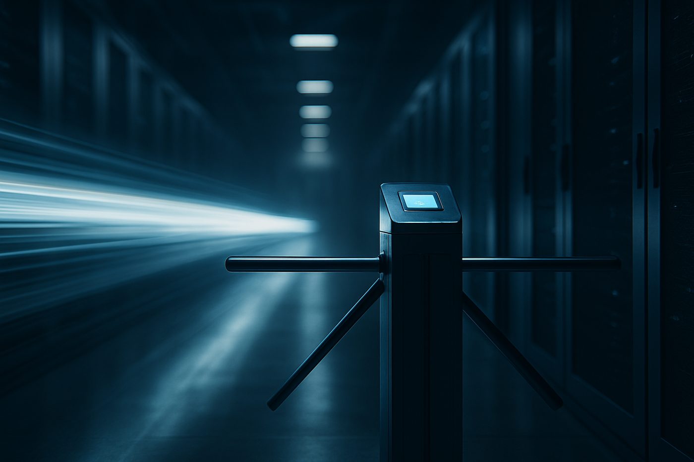 A fast blur of light racing through a dark enterprise data center while a single sharp control gate stands still in the foreground, a metaphor for AI adoption outpacing governance