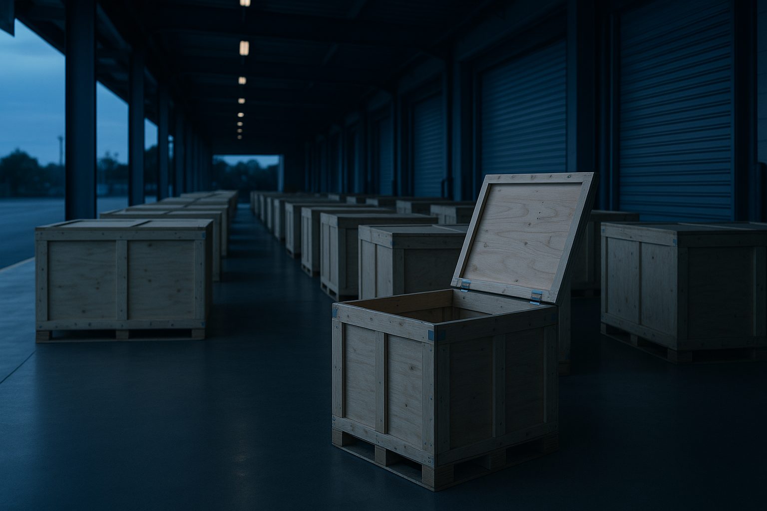A row of sealed wooden shipping crates on a dim loading dock with one crate standing open in the foreground - open at the edges, sovereign at the core