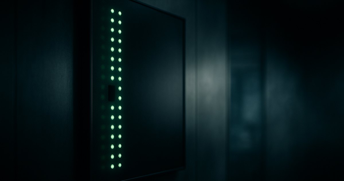 A column of green status indicator lights on a dark wall-mounted panel in a dim operations room, with one conspicuously empty unlit slot breaking the row