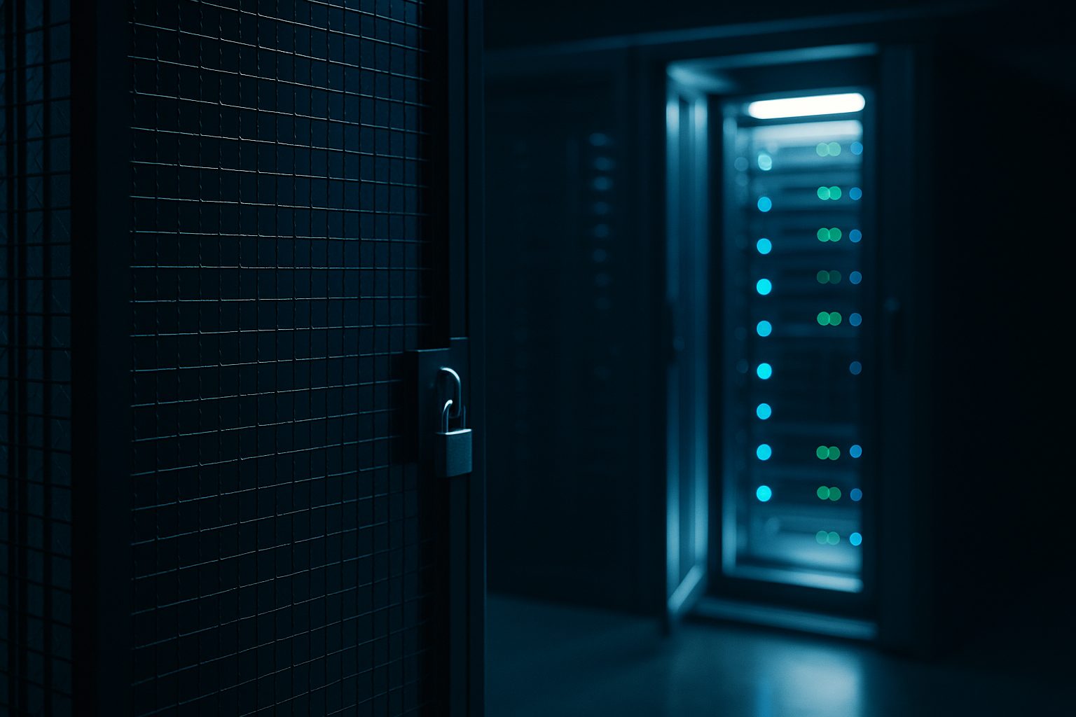 A sealed server cage beside an open governance checkpoint in a dark data center — isolation is not governance