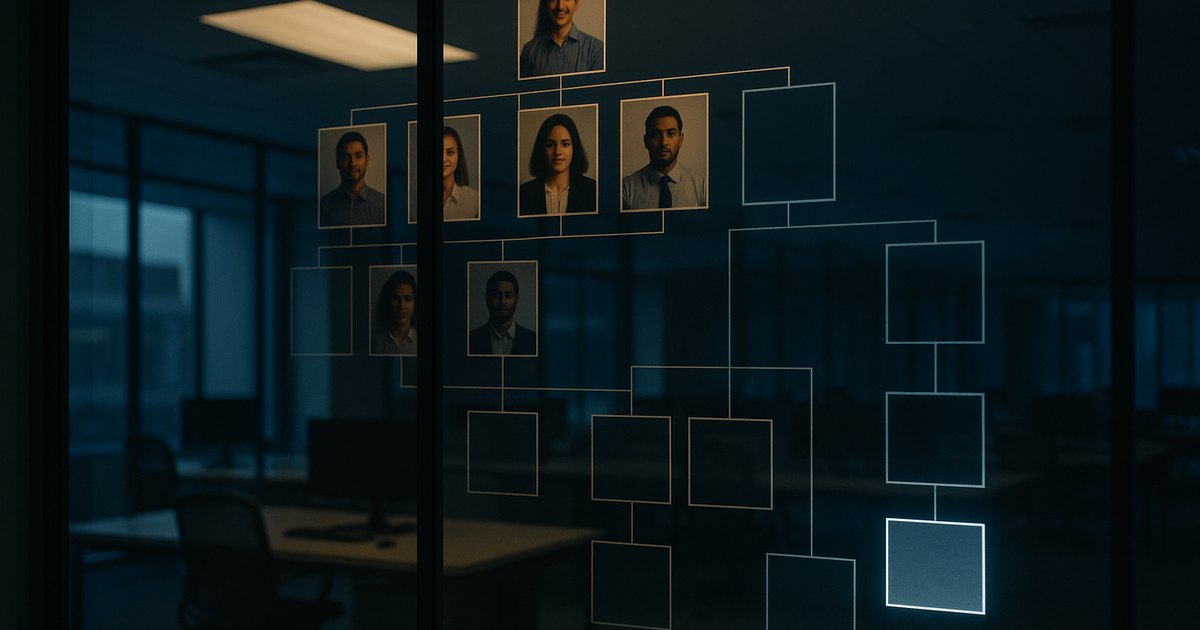 An org chart printed on a glass office wall at dusk: the upper boxes hold portrait photographs of people, while a whole lower branch of boxes is empty and faintly backlit