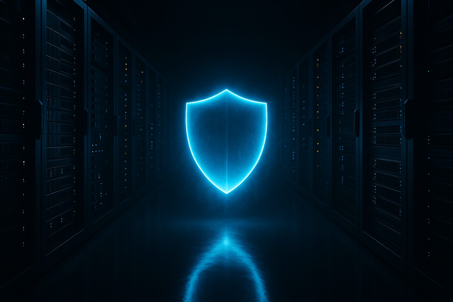 A glowing blue shield suspended in the aisle of a dark data centre, its light reflected on the floor between two rows of server racks