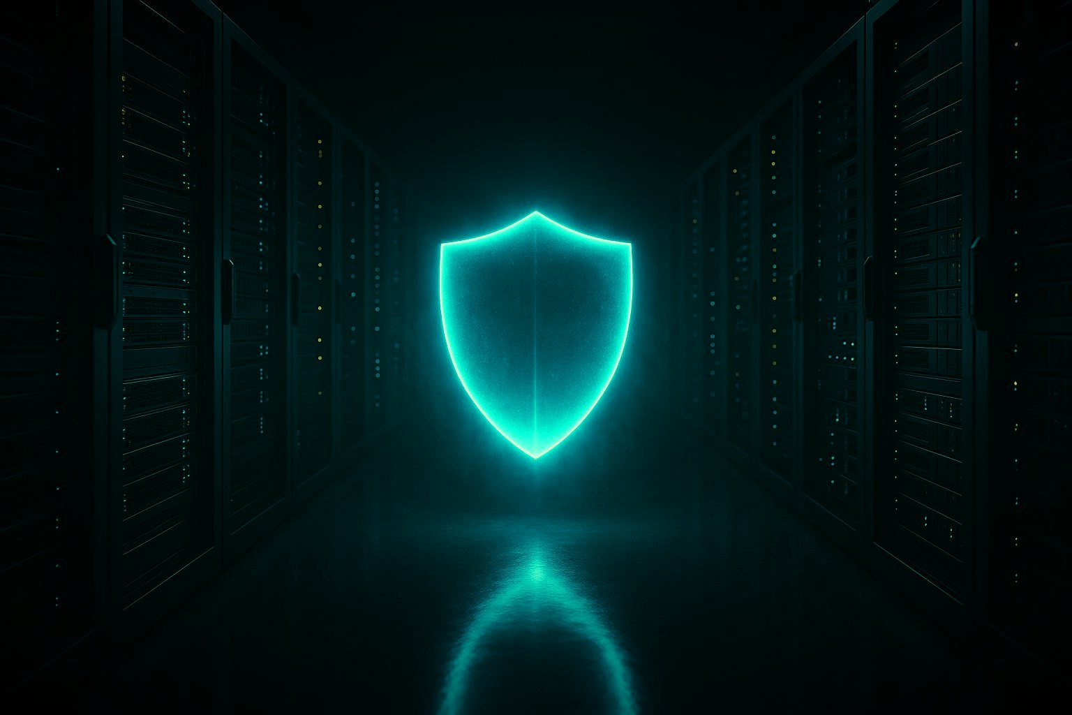 A glowing teal shield suspended in the aisle of a dark data centre, its light reflected on the floor between two rows of server racks
