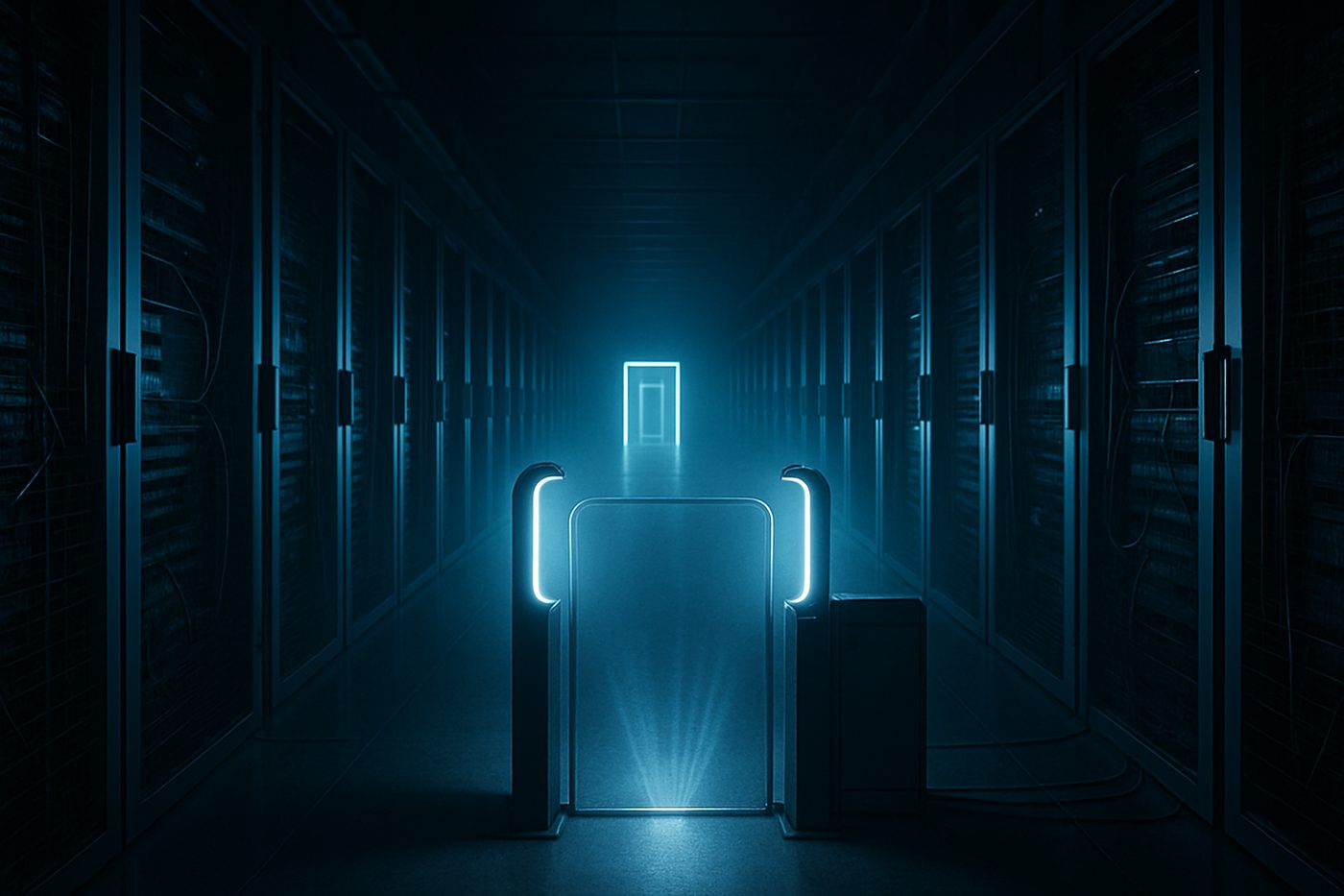 A long dark data-center corridor lined with many identical illuminated doorways receding into the distance, with a single guard-gate of light in the foreground checking who passes — MCP tool connections converging on one control point