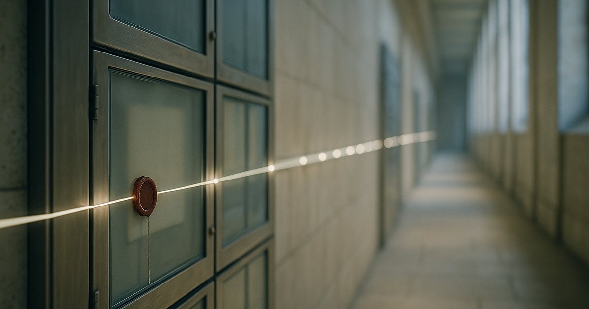 A long stone archive corridor with a single glowing thread running along a wall of glass panes, one pane closed with a red wax seal