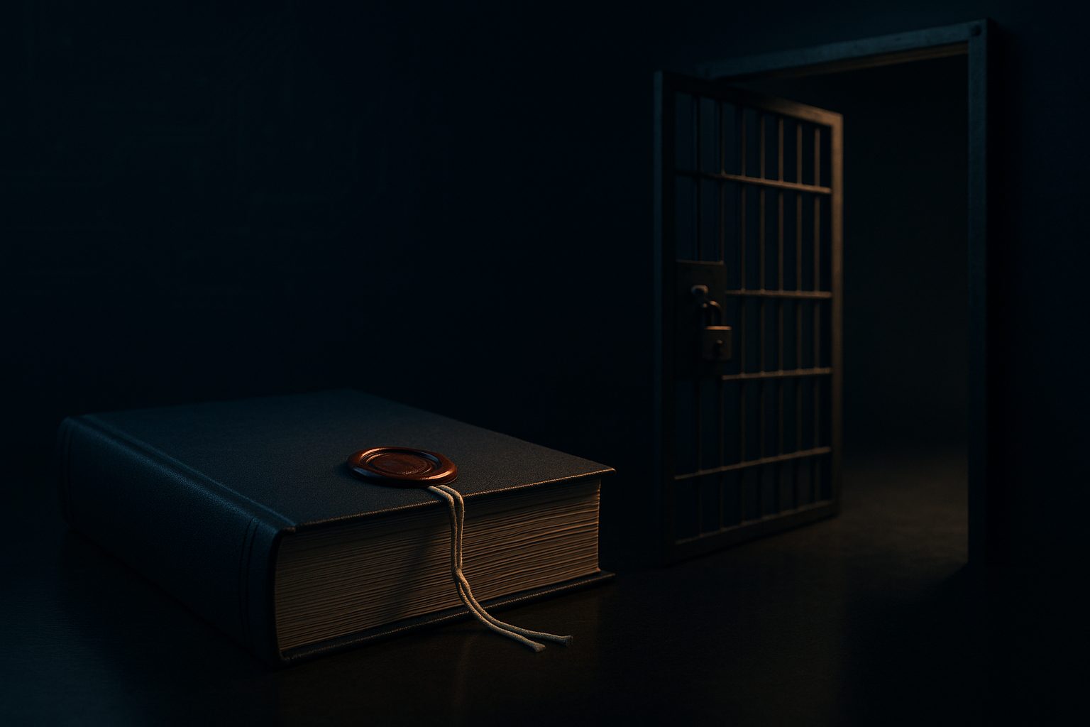 A signed policy binder next to a wide-open gate — the gap between what AI governance says and what it can enforce