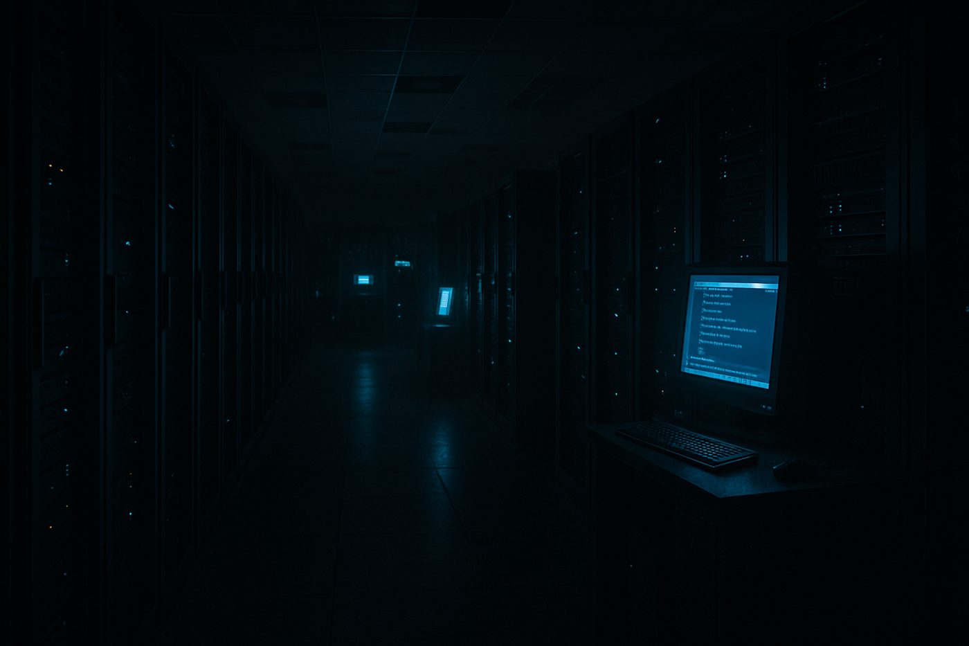 A dark data center at night, most racks powered down but a few forgotten terminals still glowing with active sessions — abandoned AI agents that were never turned off